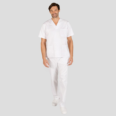 OUTFIT UNISEX WHITE V-NECK / ELASTICATED TROUSERS SCRUB SUIT "REDLINE"

