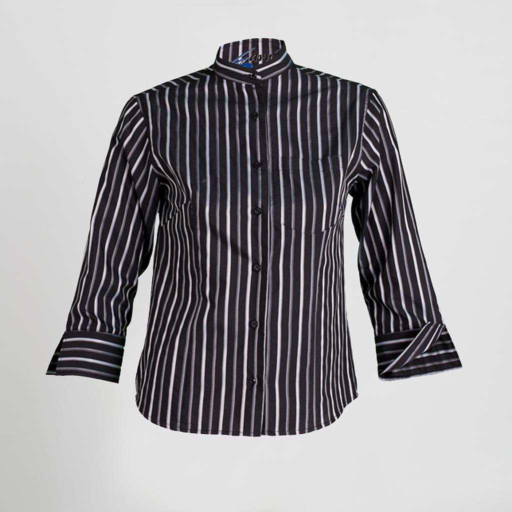WOMEN'S STRIPED BLOUSE W/ 3/4 SLEEVE & GRANDAD COLLAR - Imagem